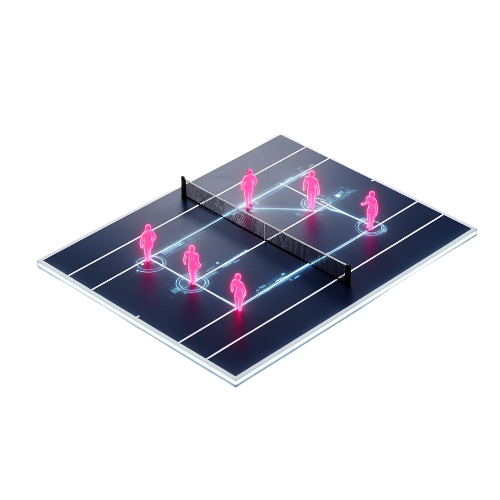 3D isometric tennis court with glowing player position pins