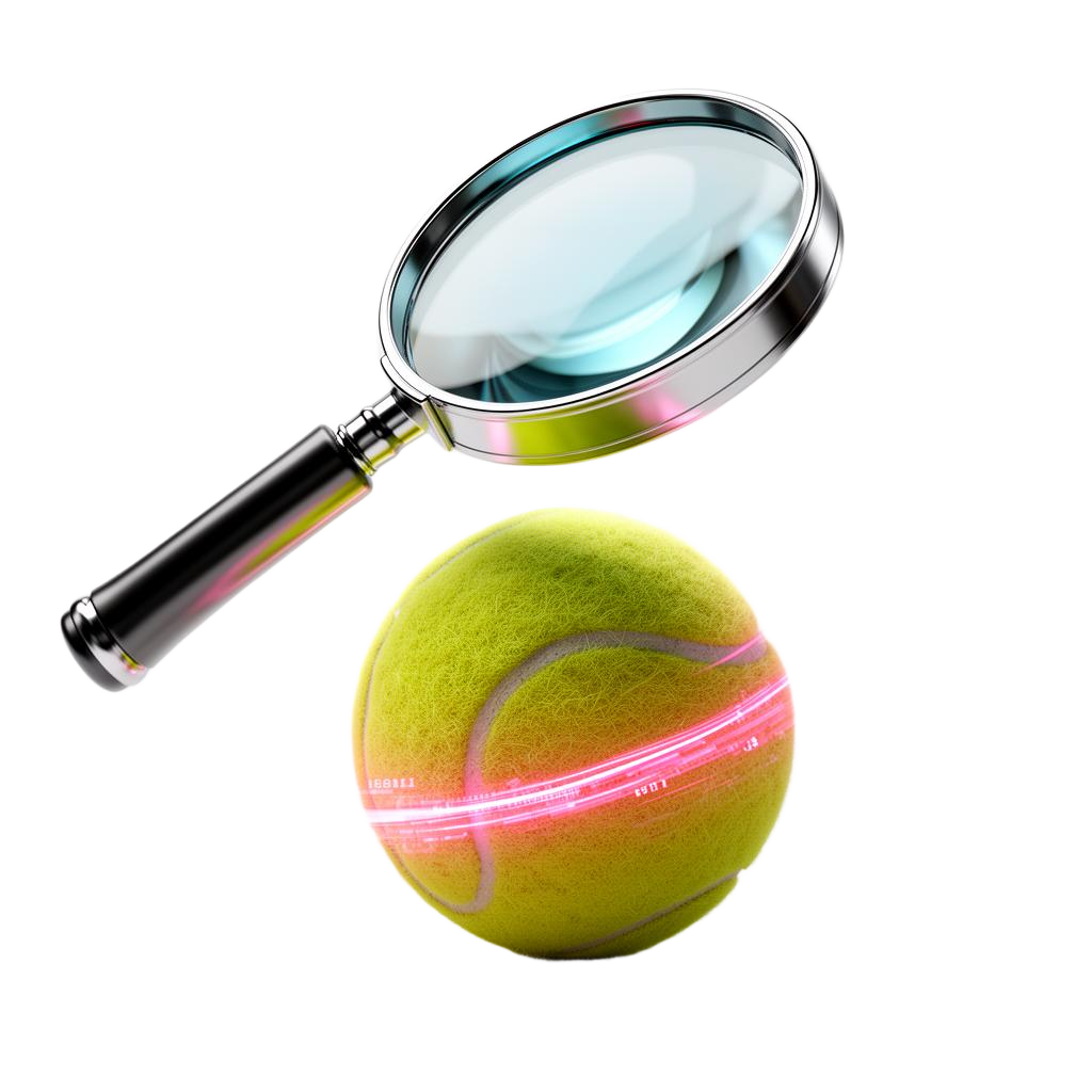 3D chrome magnifying glass over a tennis ball with a pink data ring